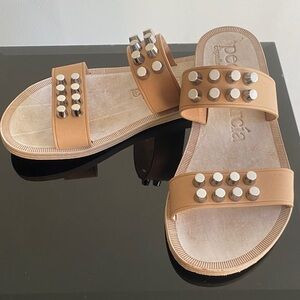 Pedro Garcia Tan/silver nail heads Studded Slide Sandals